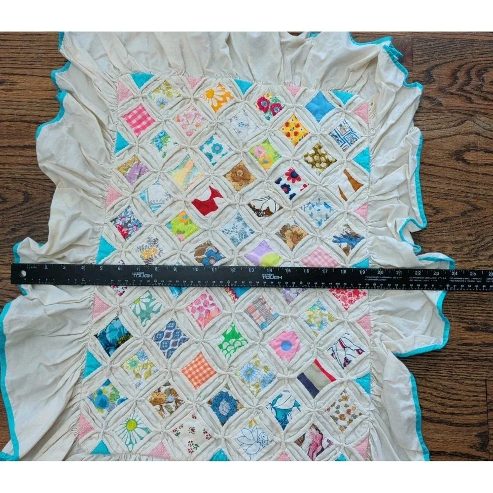 Vntg Cathedral Window Standard Lay Over Shams (2) Ruffled Blue Trim Patchwork